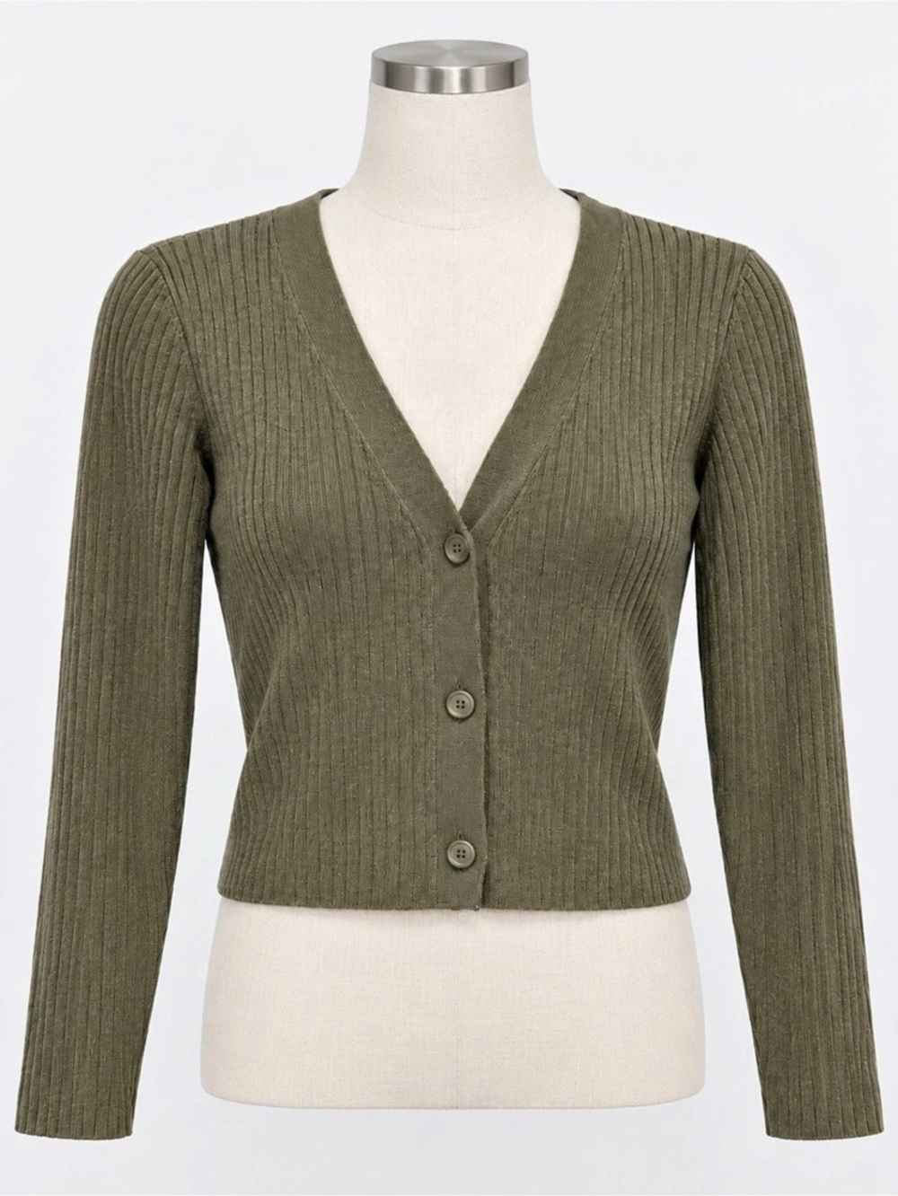 H&M Women's Olive Green Ribbed Knit Cropped Button Front Cardigan Size S